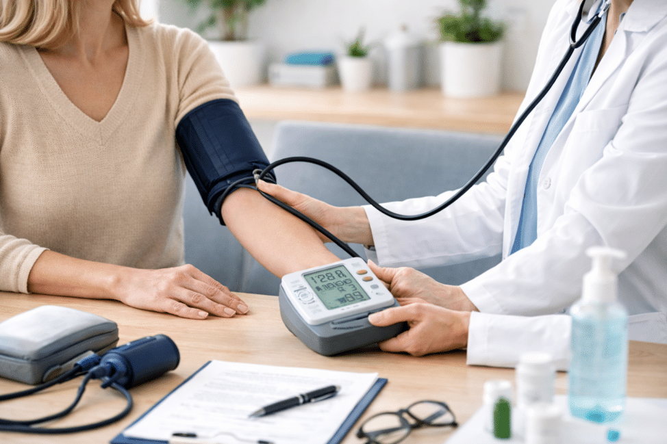 Arzt misst Blutdruck einer Patientin