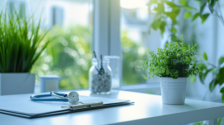 Frühlingsanfang 1 Helle Arztpraxis mit Pflanzen und Stethoskop